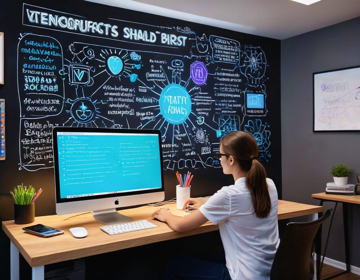 A dynamic workspace featuring a gleaming laptop surrounded by futuristic gadgets, a colorful mind map on a wall, and a motivational quote written on a chalkboard. In the background, a person interacts with a virtual assistant, showcasing innovation and creativity in tech. Bright, inviting colors to symbolize enthusiasm and inspiration. super-realistic. vibrant colors. modern design.