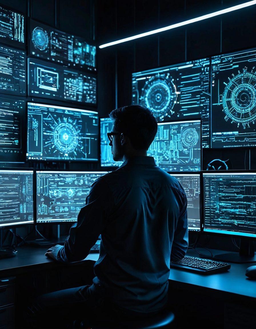 A person sitting at a sleek workspace, surrounded by multiple computer screens displaying code and software tools, while a glowing lock symbolizes 'unlocking secrets' above. Soft light illuminating the tech gadgets scattered around, creating an atmosphere of innovation and discovery, with gears and circuits subtly integrated into the background. super-realistic. vibrant colors. high-tech theme.